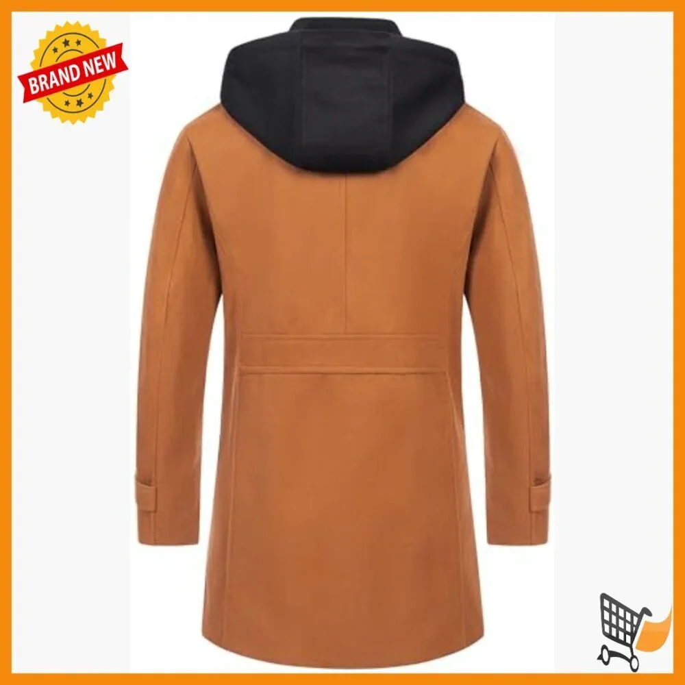 Men's Wool Blend Pea Coat with Detachable Hood, Windproof Overcoat